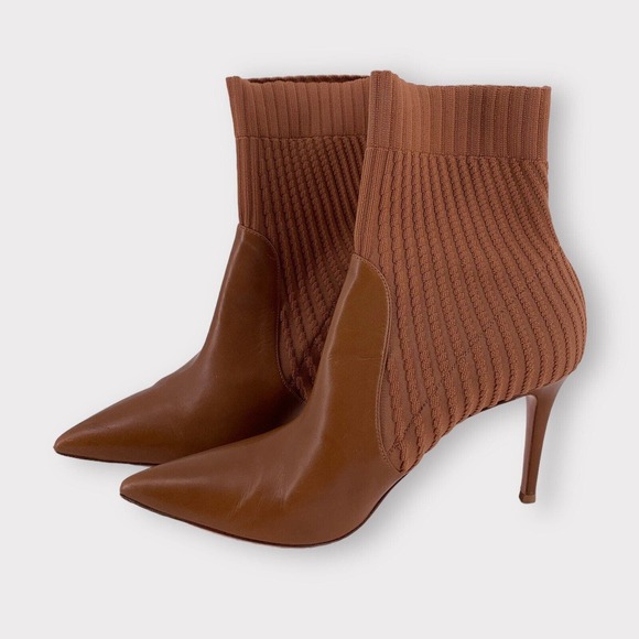GIANVITO ROSSI - Katie 85 Leather/Knit Sock Bootie Brown Boots - EU 41 - Picture 12 of 12